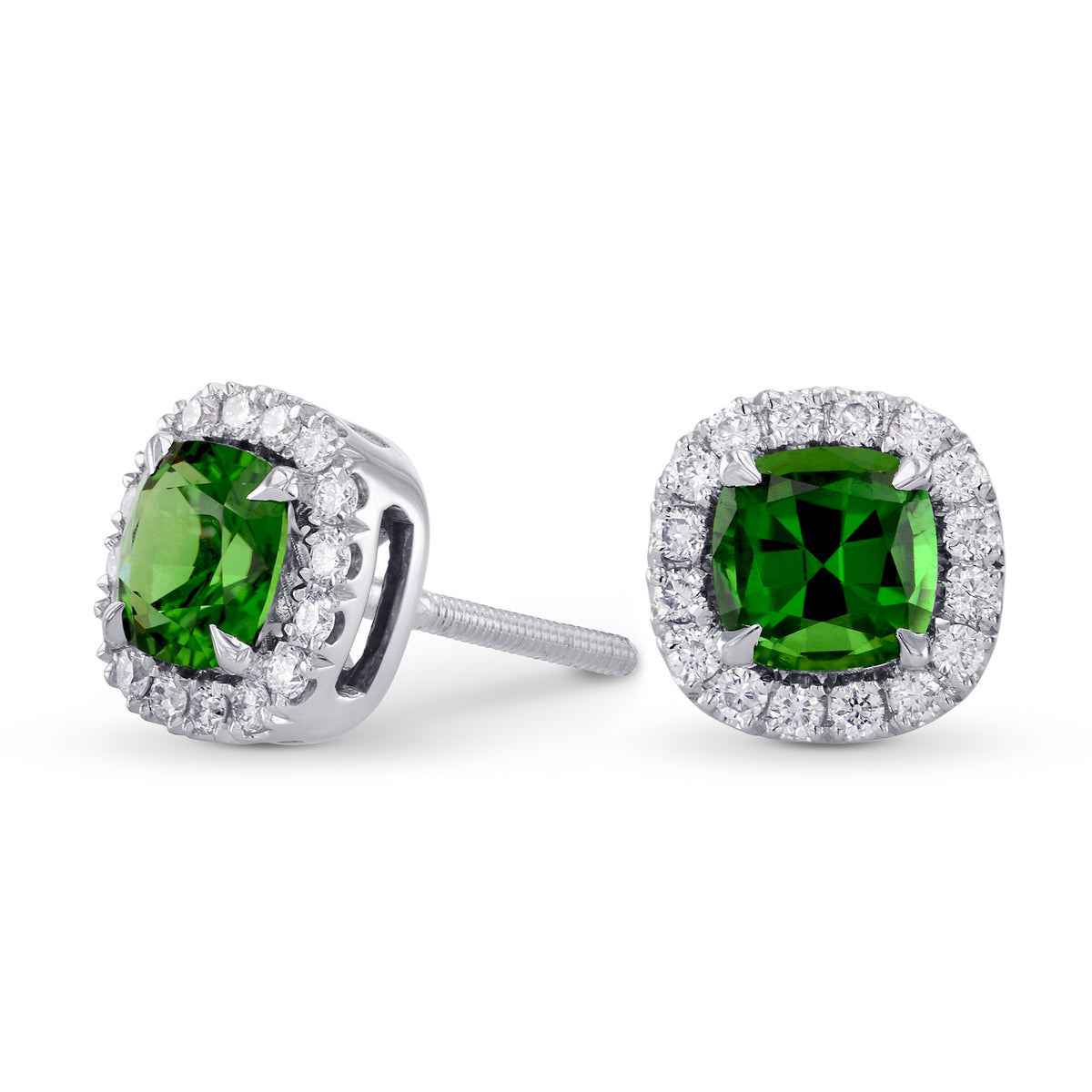 Chrome Green Tourmaline Cushion & Diamond Halo Earrings