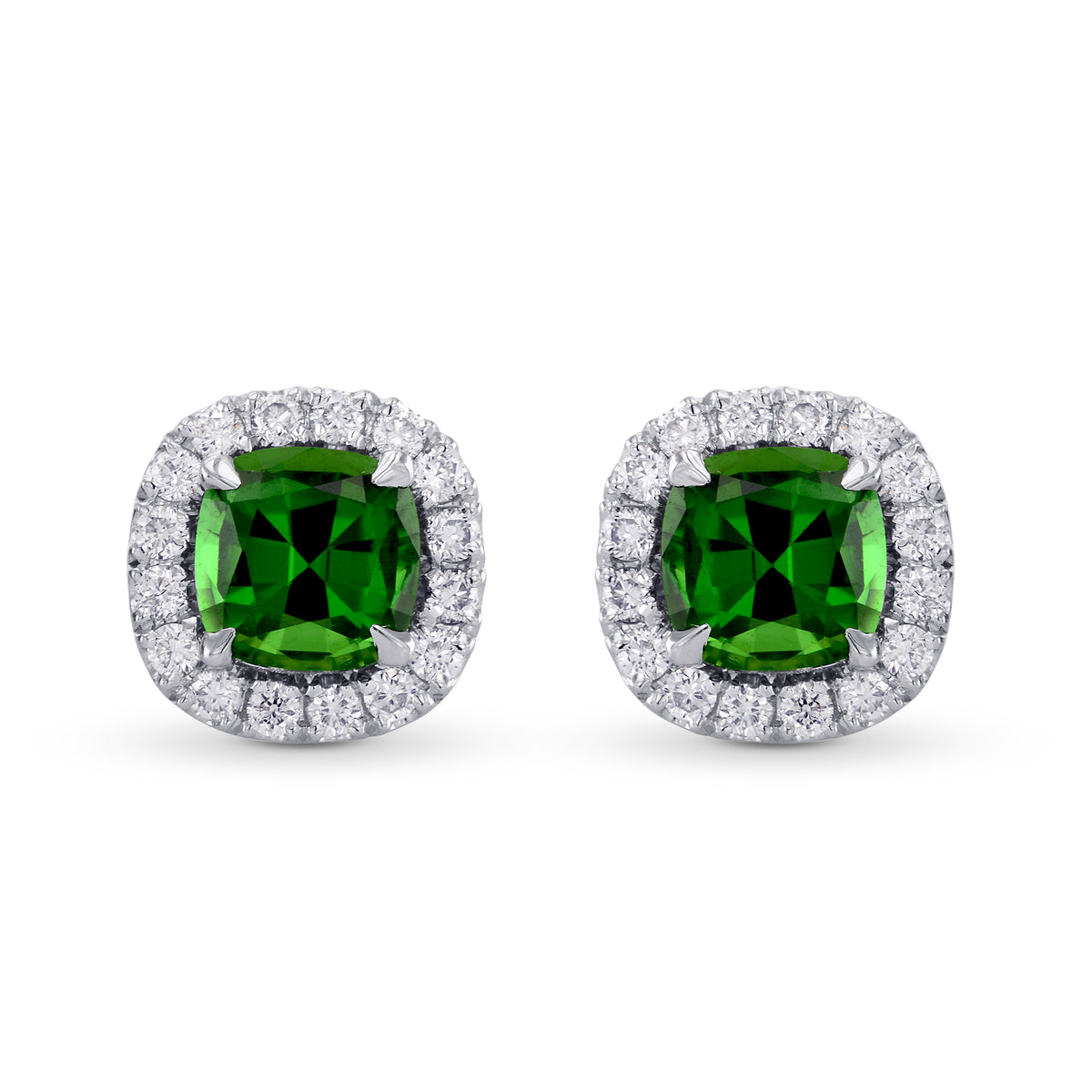 Chrome Green Tourmaline Cushion & Diamond Halo Earrings
