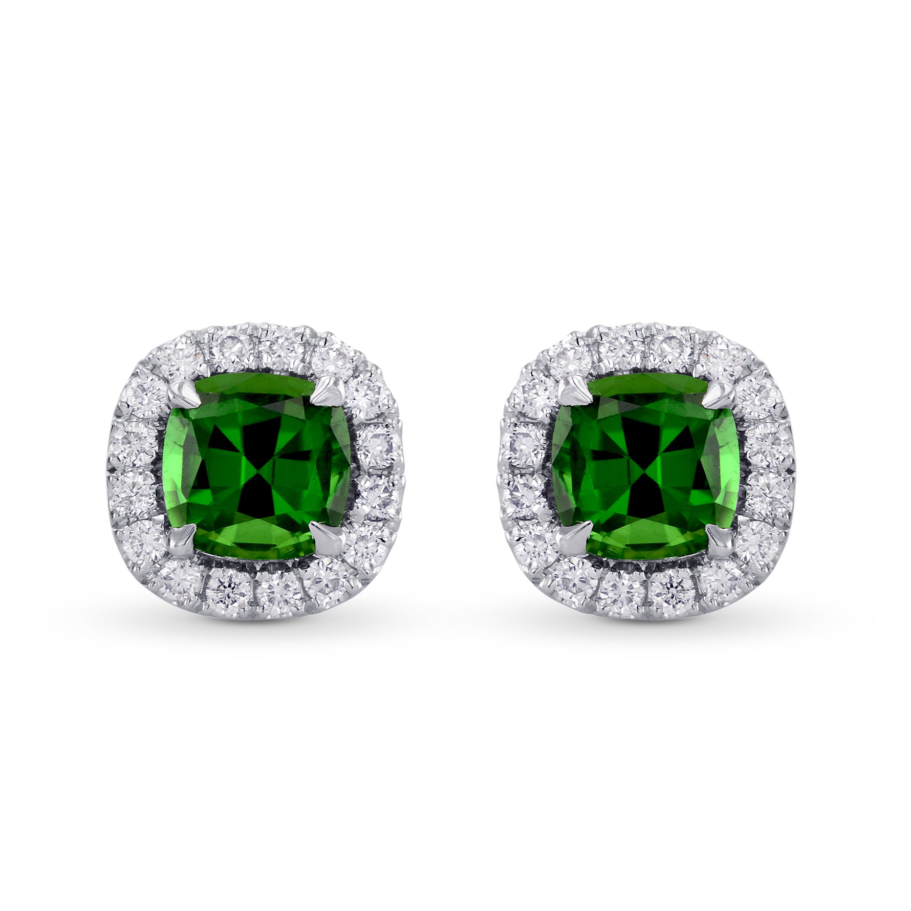 Chrome Green Tourmaline Cushion & Diamond Halo Earrings
