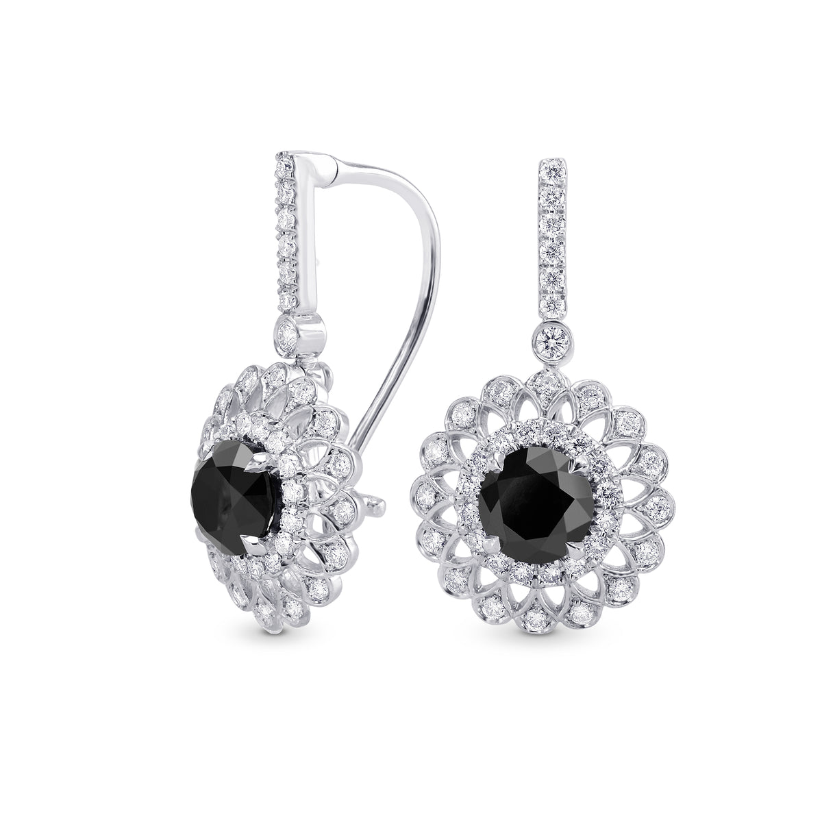 Black Diamond Filigree Floral Halo Drop Earrings