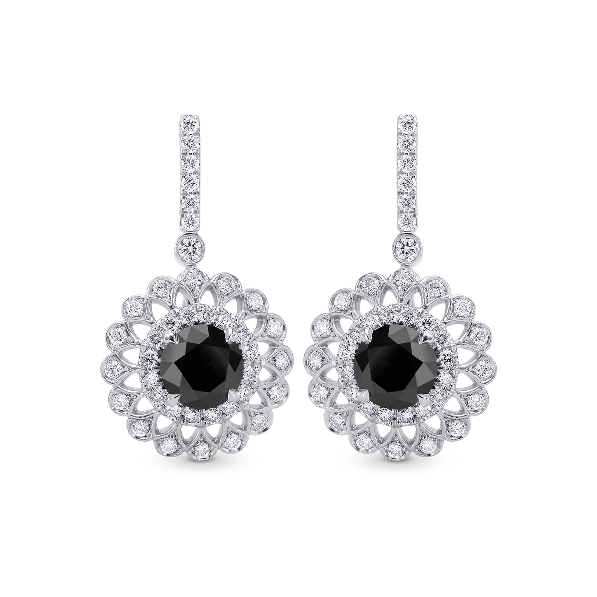 Black Diamond Filigree Floral Halo Drop Earrings