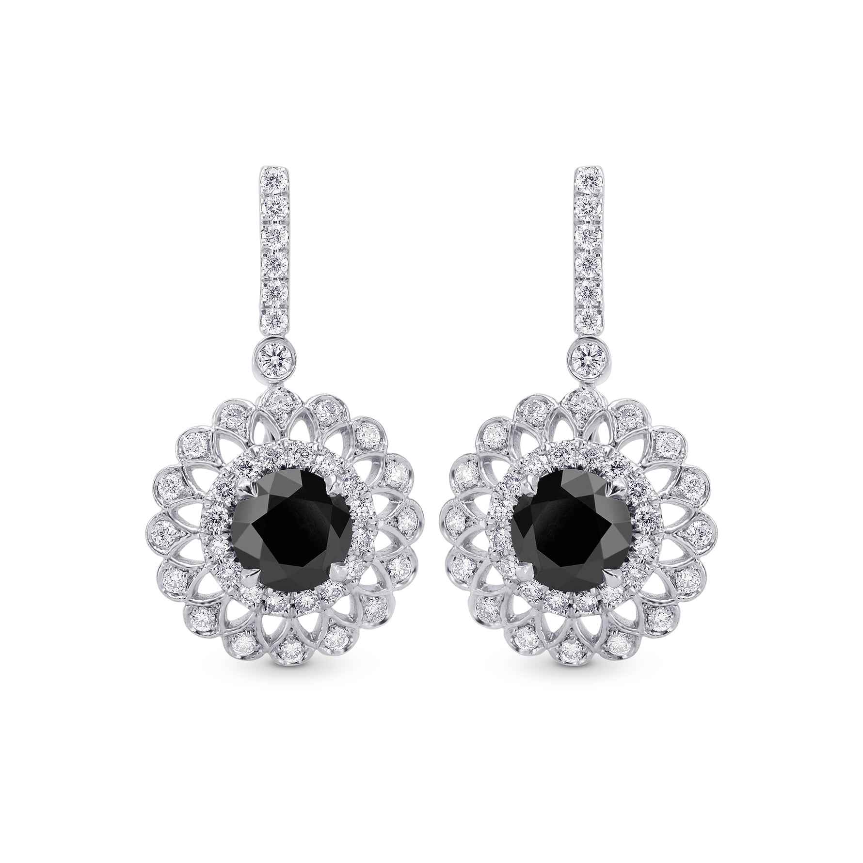 Black Diamond Filigree Floral Halo Drop Earrings