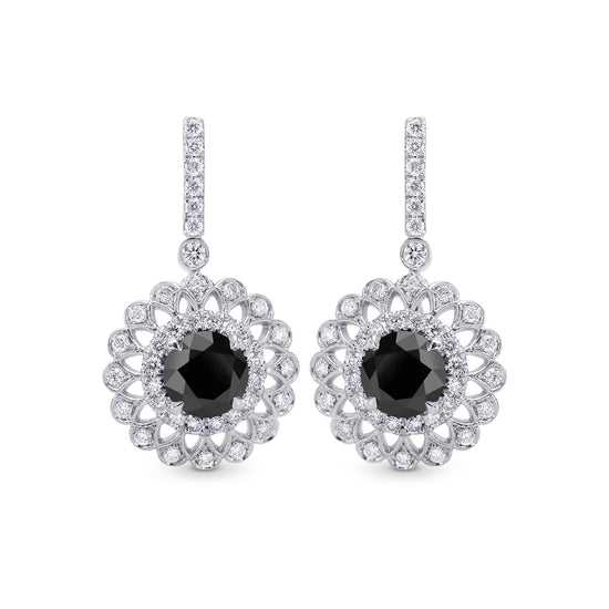 Black Diamond Filigree Floral Halo Drop Earrings
