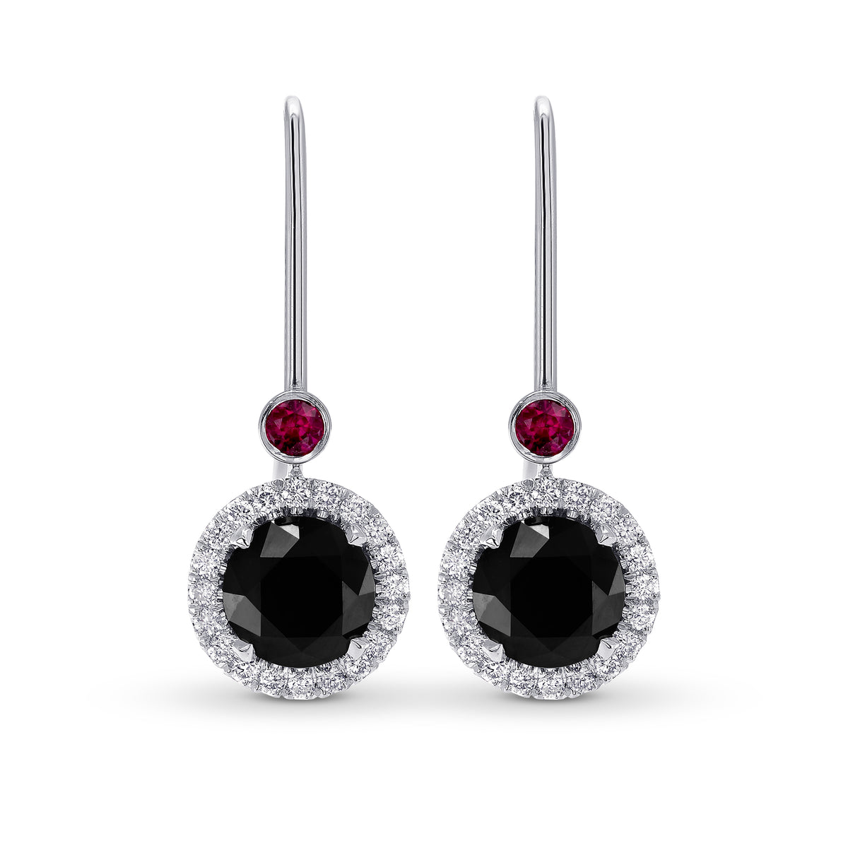 Round Black Diamond & Ruby Halo Drop Earrings