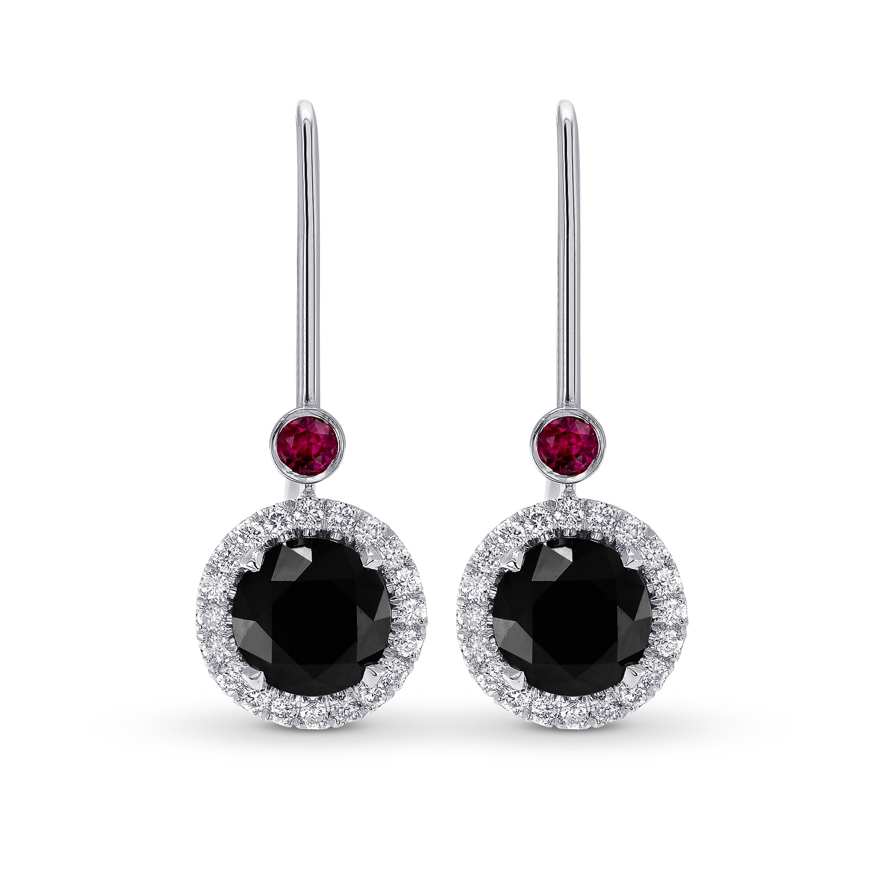 Round Black Diamond & Ruby Halo Drop Earrings