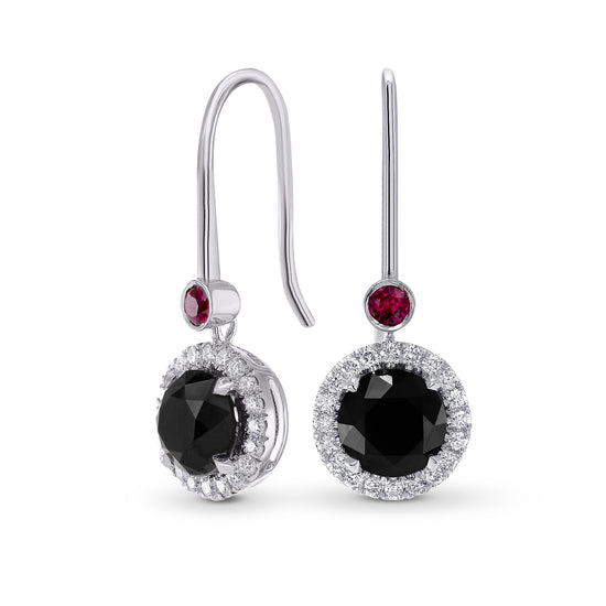 Round Black Diamond & Ruby Halo Drop Earrings