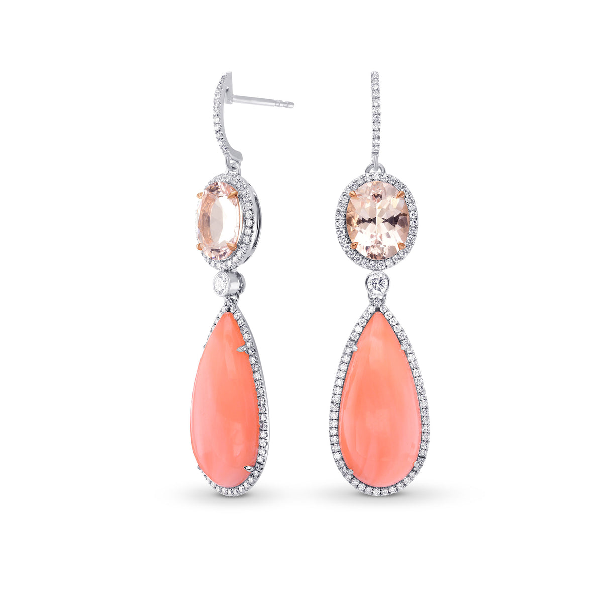 Pink Kunzite, Coral & Diamond Drop Earrings
