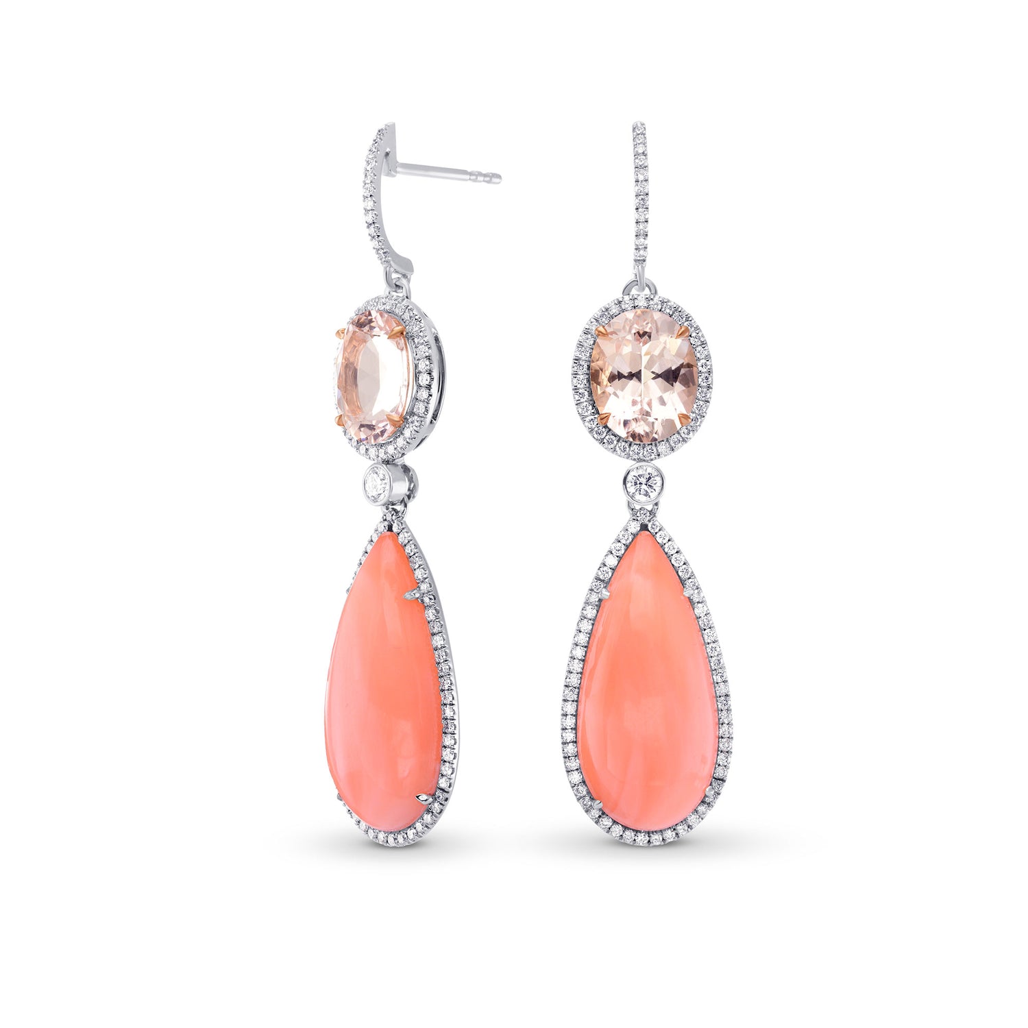 Pink Kunzite, Coral & Diamond Drop Earrings