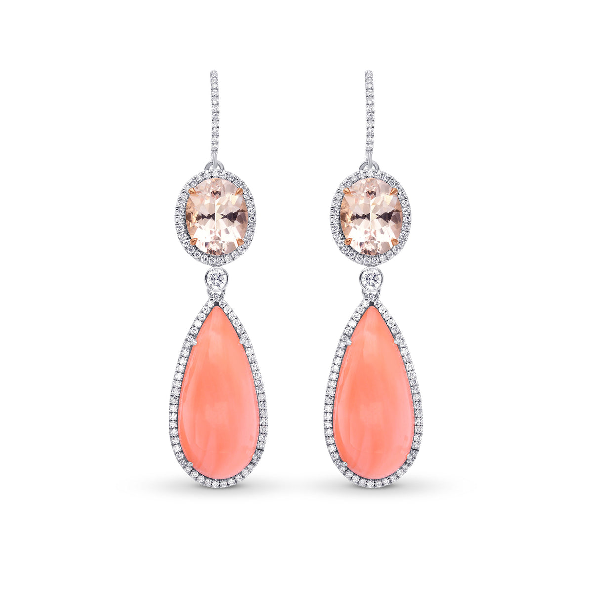 Pink Kunzite, Coral & Diamond Drop Earrings