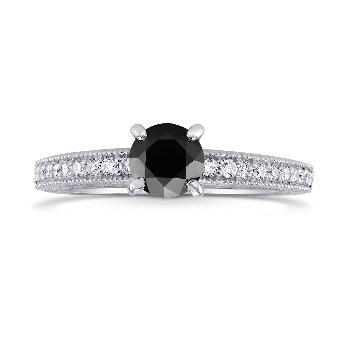 Black Diamond Solitaire Milgrain Side Stone Ring