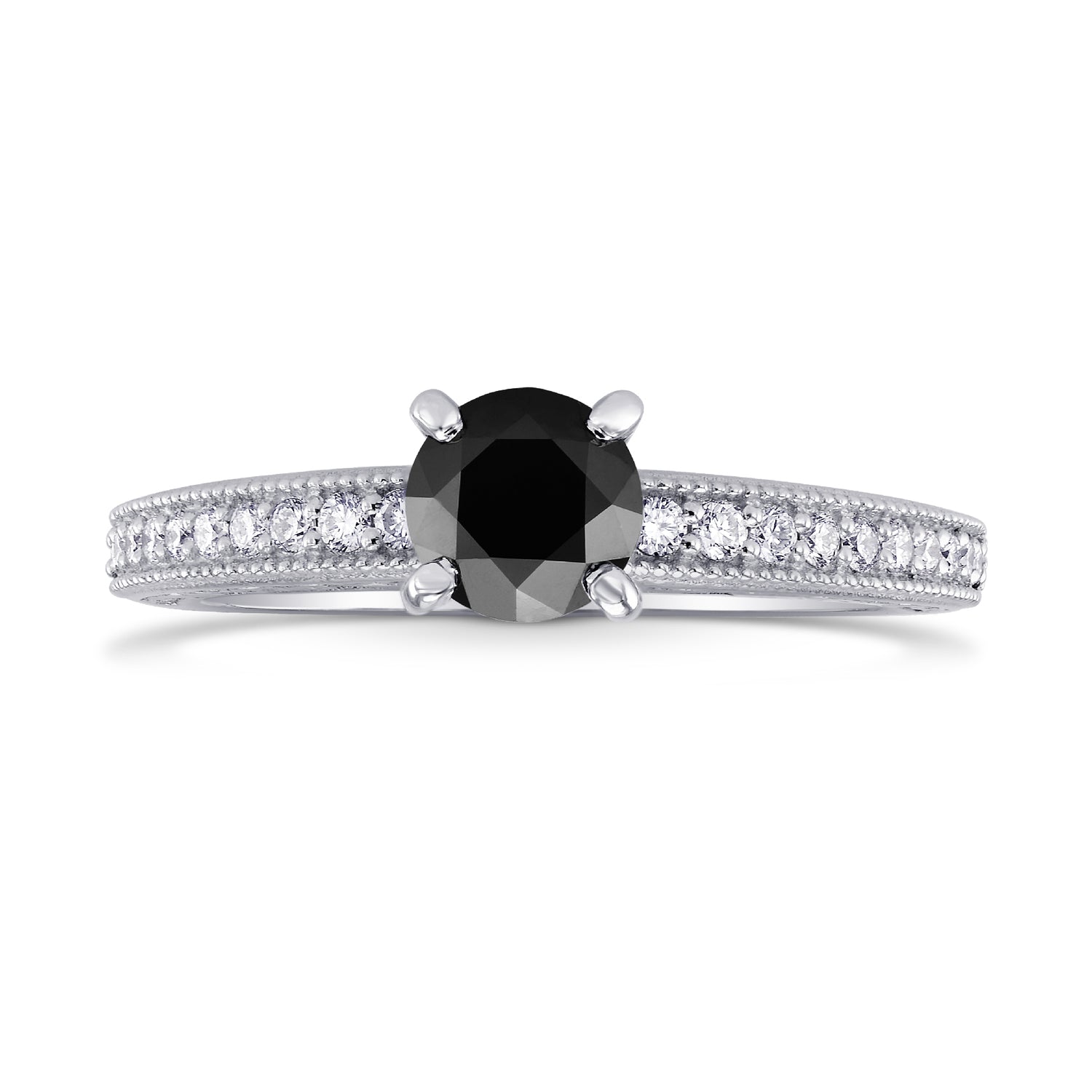 Black Diamond Solitaire Milgrain Side Stone Ring