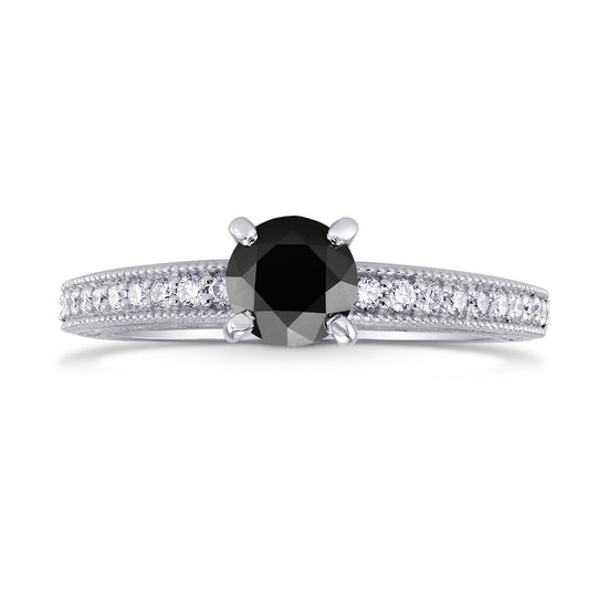 Black Diamond Solitaire Milgrain Side Stone Ring