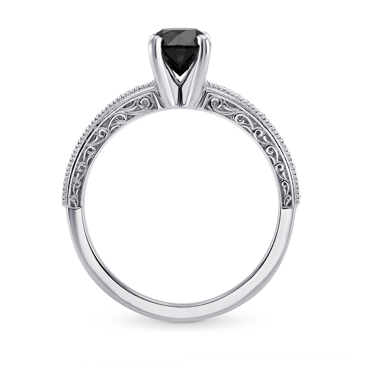 Black Diamond Solitaire Milgrain Side Stone Ring