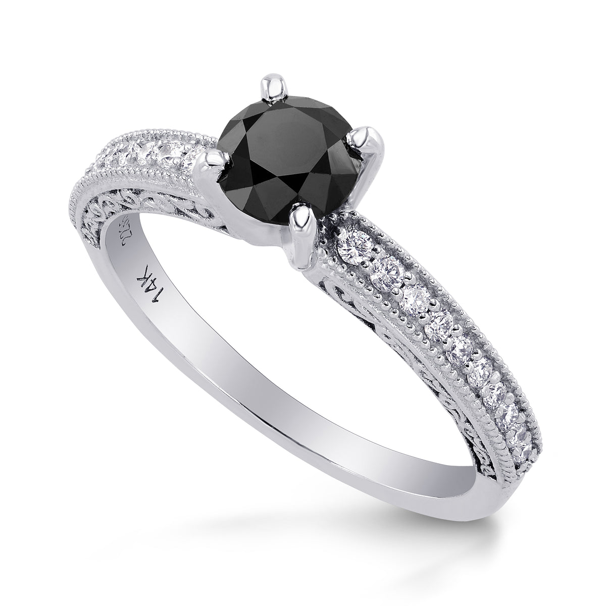 Black Diamond Solitaire Milgrain Side Stone Ring