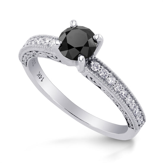 Black Diamond Solitaire Milgrain Side Stone Ring