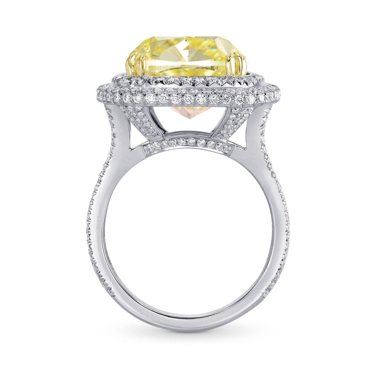 Extraordinary Fancy Yellow Cushion Diamond Double Halo Ring