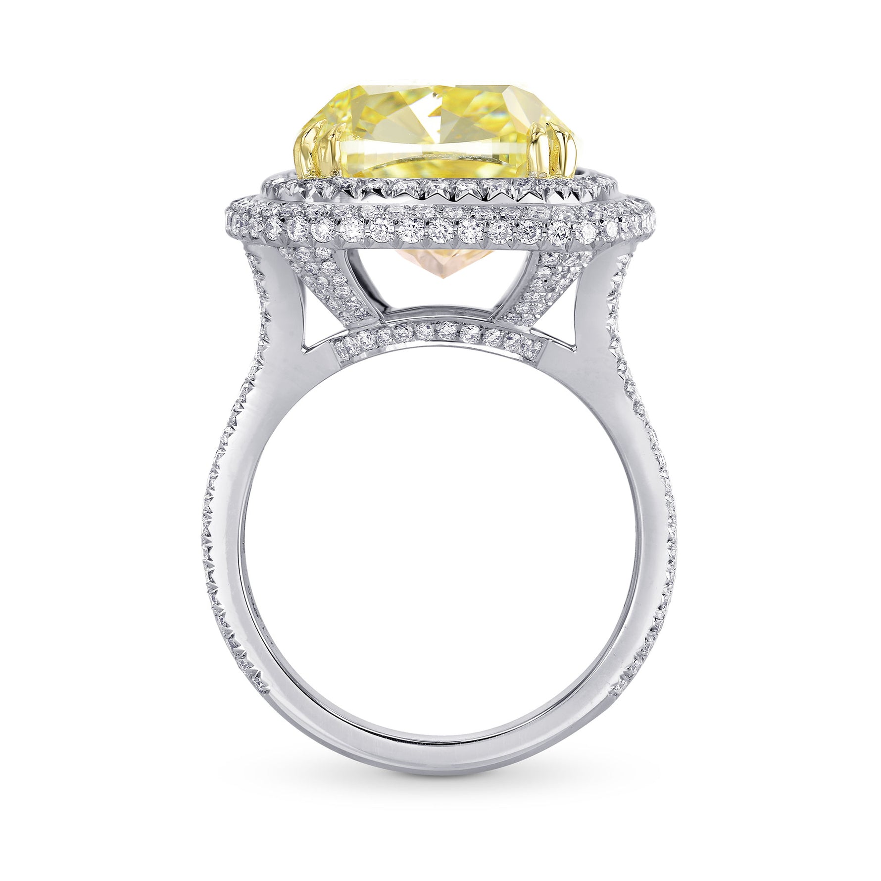 Extraordinary Fancy Yellow Cushion Diamond Double Halo Ring