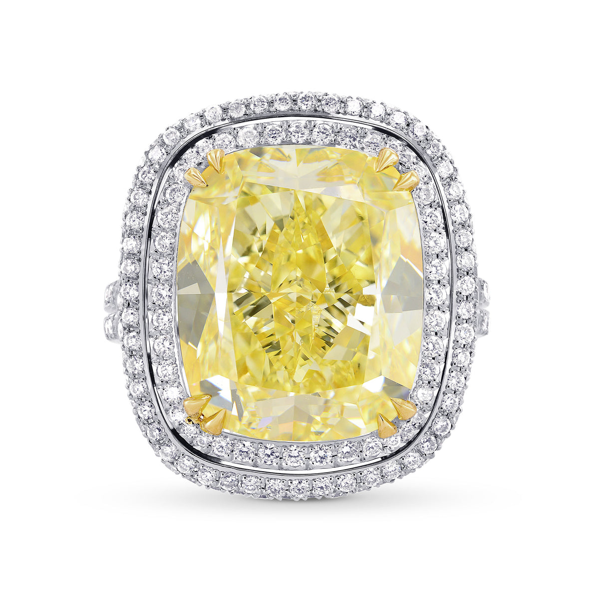 Extraordinary Fancy Yellow Cushion Diamond Double Halo Ring