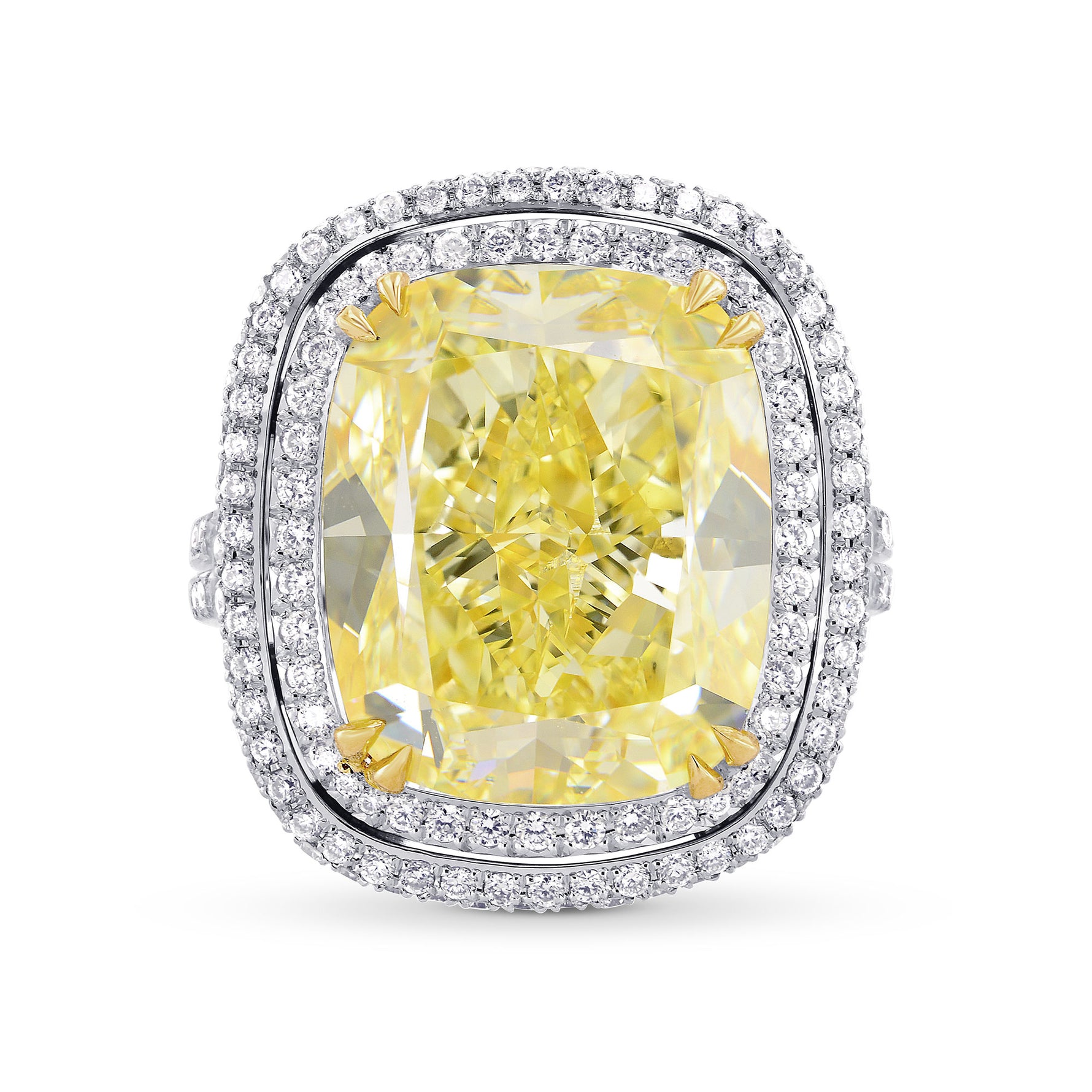 Extraordinary Fancy Yellow Cushion Diamond Double Halo Ring