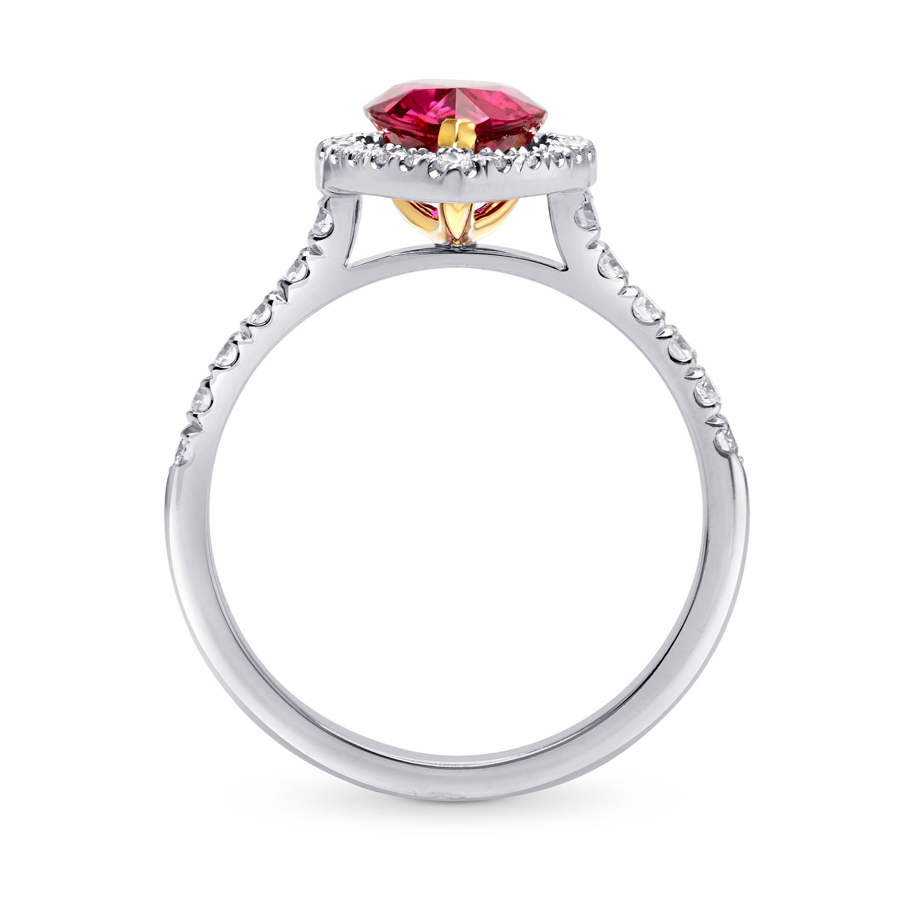 Unheated Pear Ruby and Diamond Halo Ring