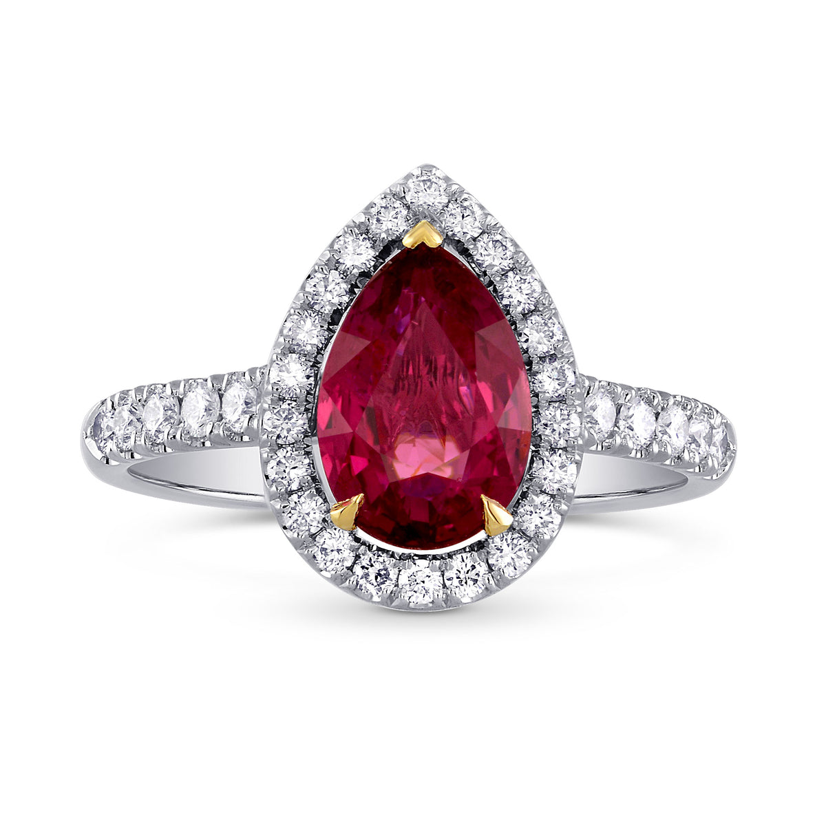 Unheated Pear Ruby and Diamond Halo Ring