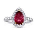 Unheated Pear Ruby and Diamond Halo Ring