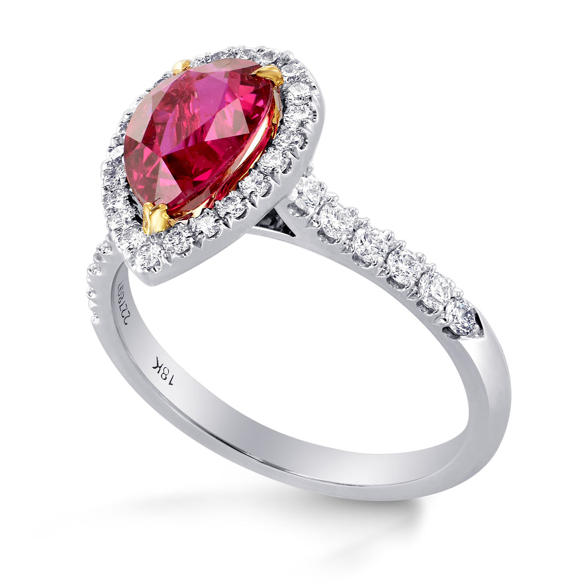 Unheated Pear Ruby and Diamond Halo Ring