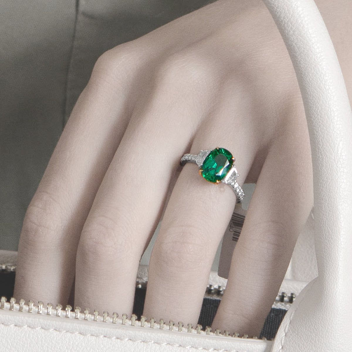Oval Emerald & Half-moon Diamond Ring