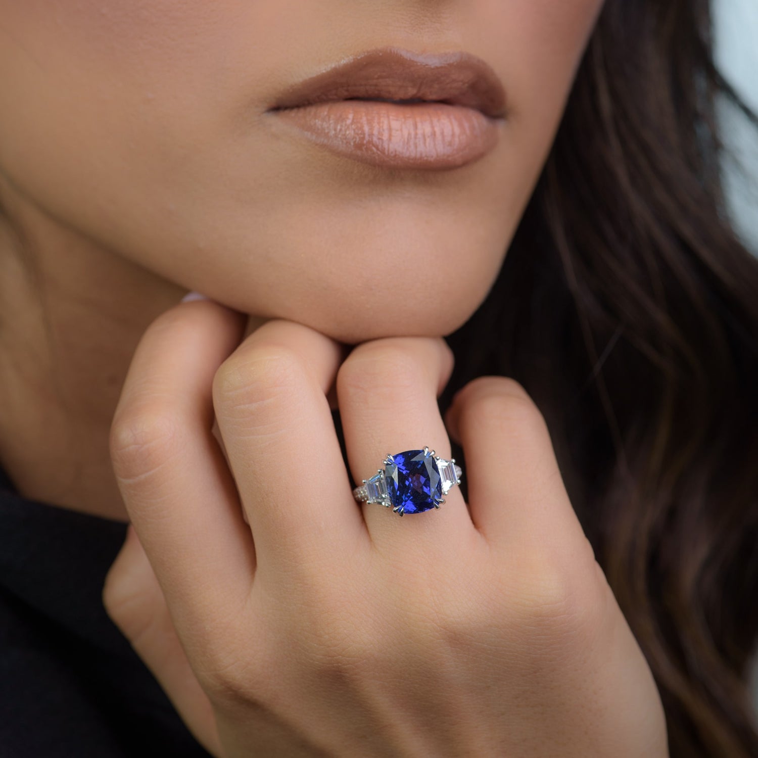 Tanzanite Cushion & Trapezoid Diamond Ring