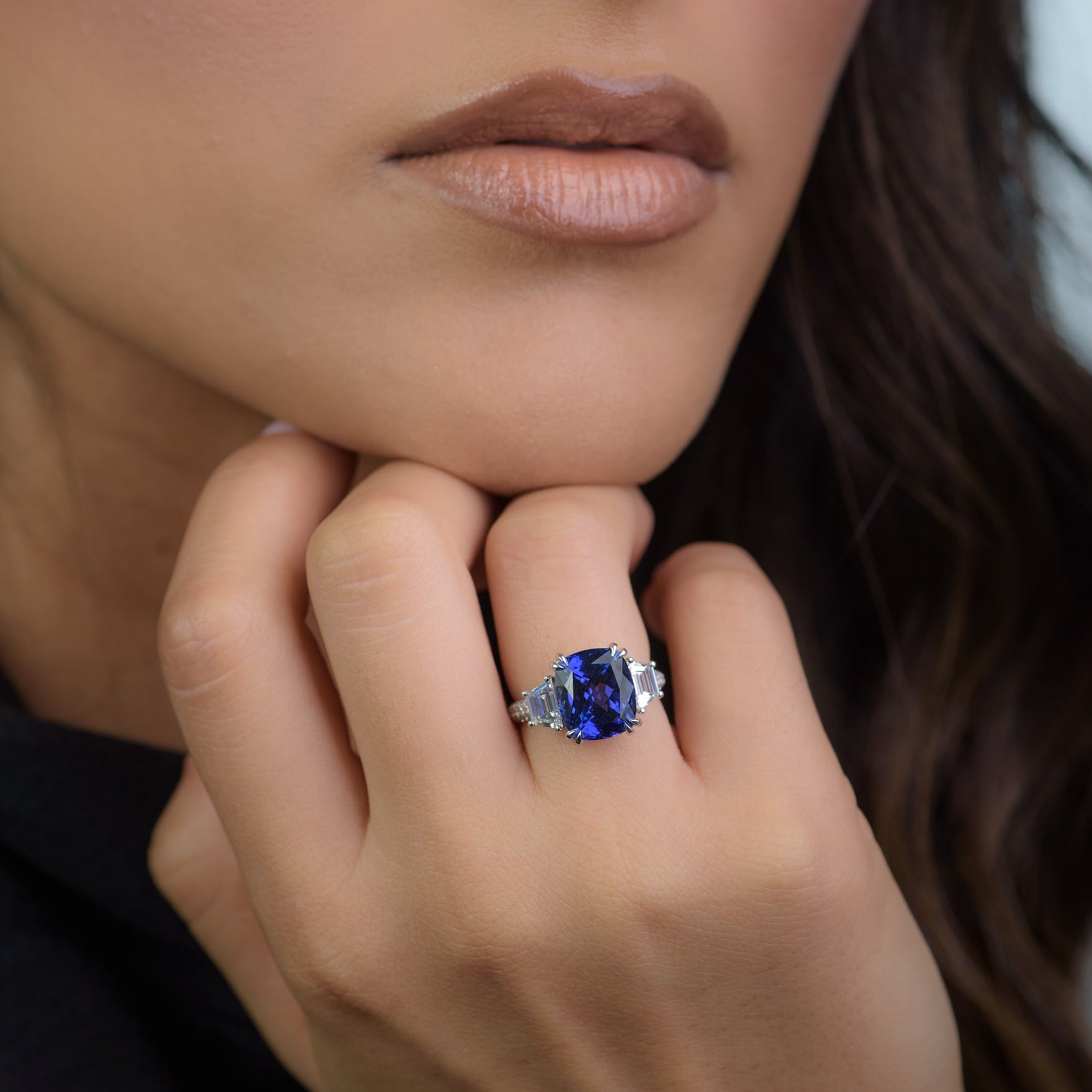 Tanzanite Cushion & Trapezoid Diamond Ring