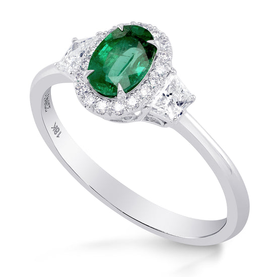 Oval Green Emerald & Trapezoid Diamond Halo Ring