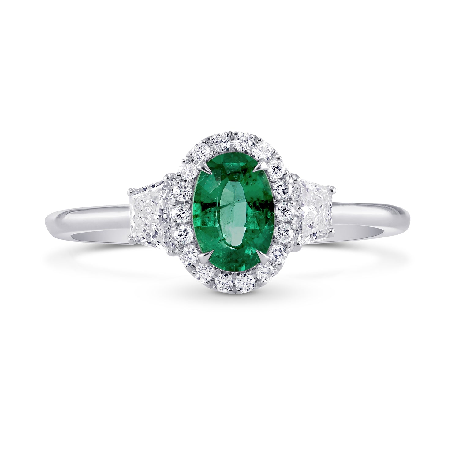 Oval Green Emerald & Trapezoid Diamond Halo Ring