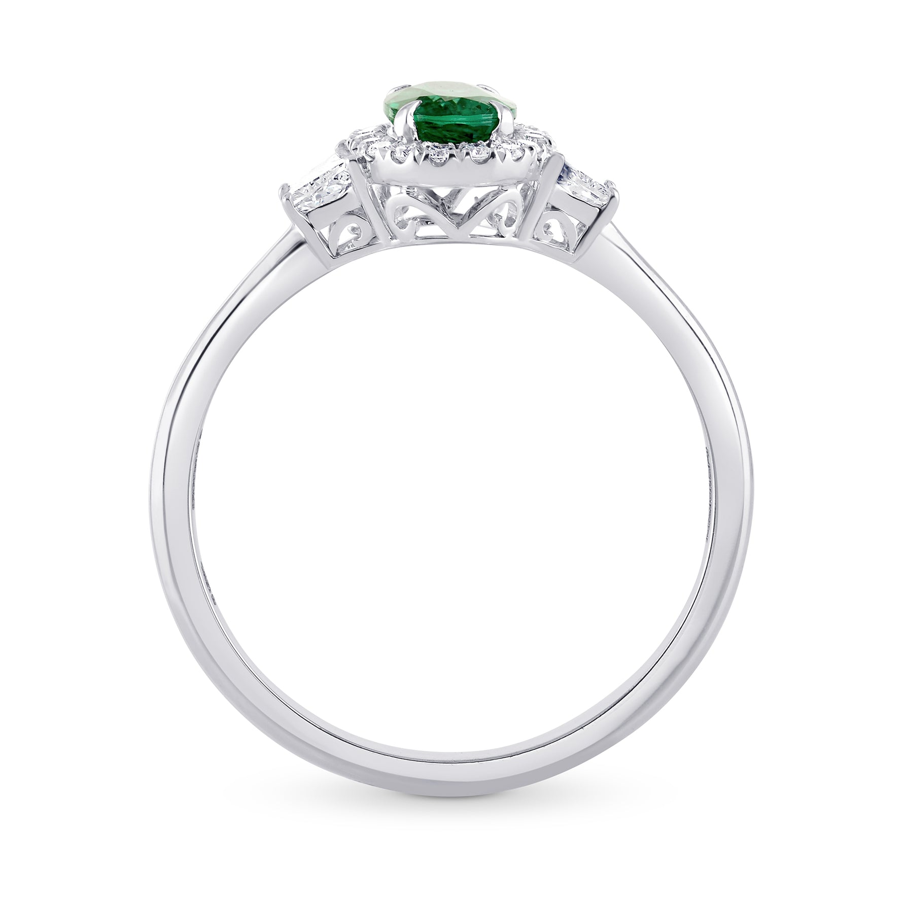 Oval Green Emerald & Trapezoid Diamond Halo Ring