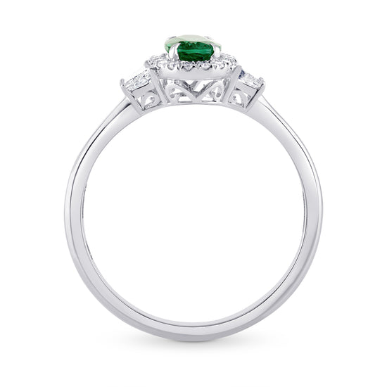 Oval Green Emerald & Trapezoid Diamond Halo Ring
