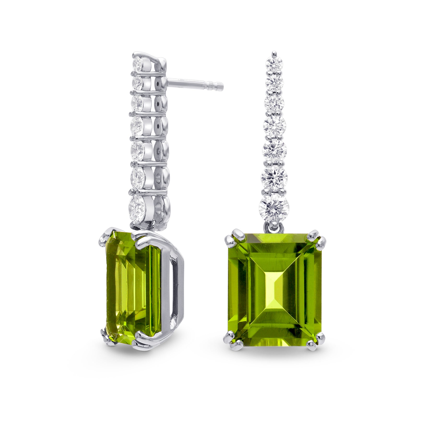 Emerald-cut Green Peridot & Diamond Drop Earrings