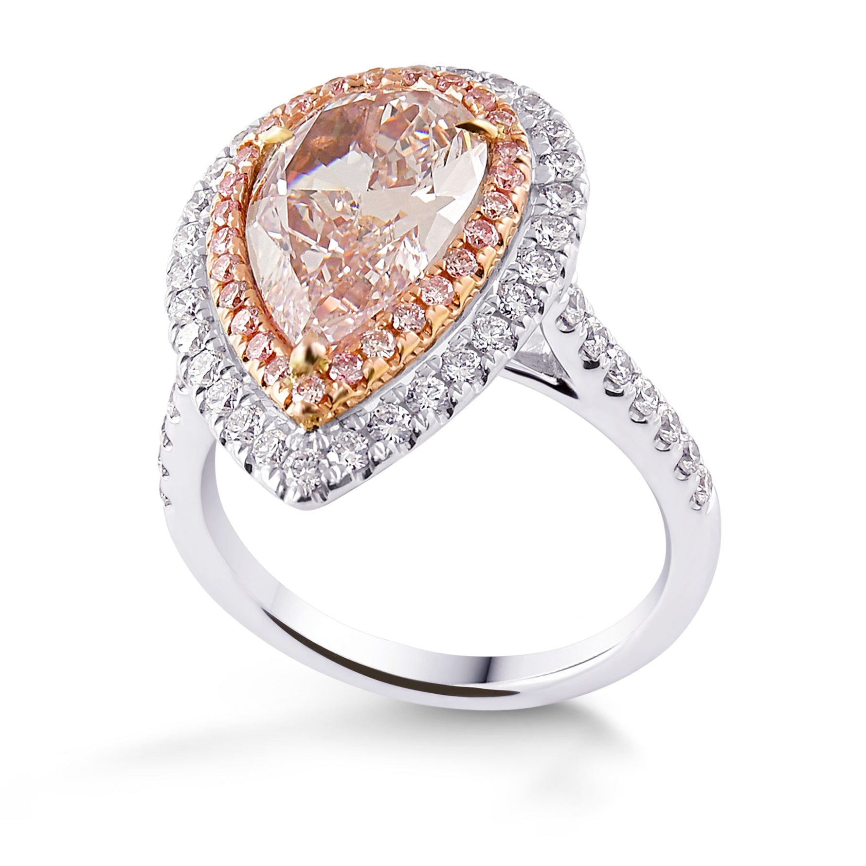 Fancy Light Orangy Pink Pear Shape Halo Ring