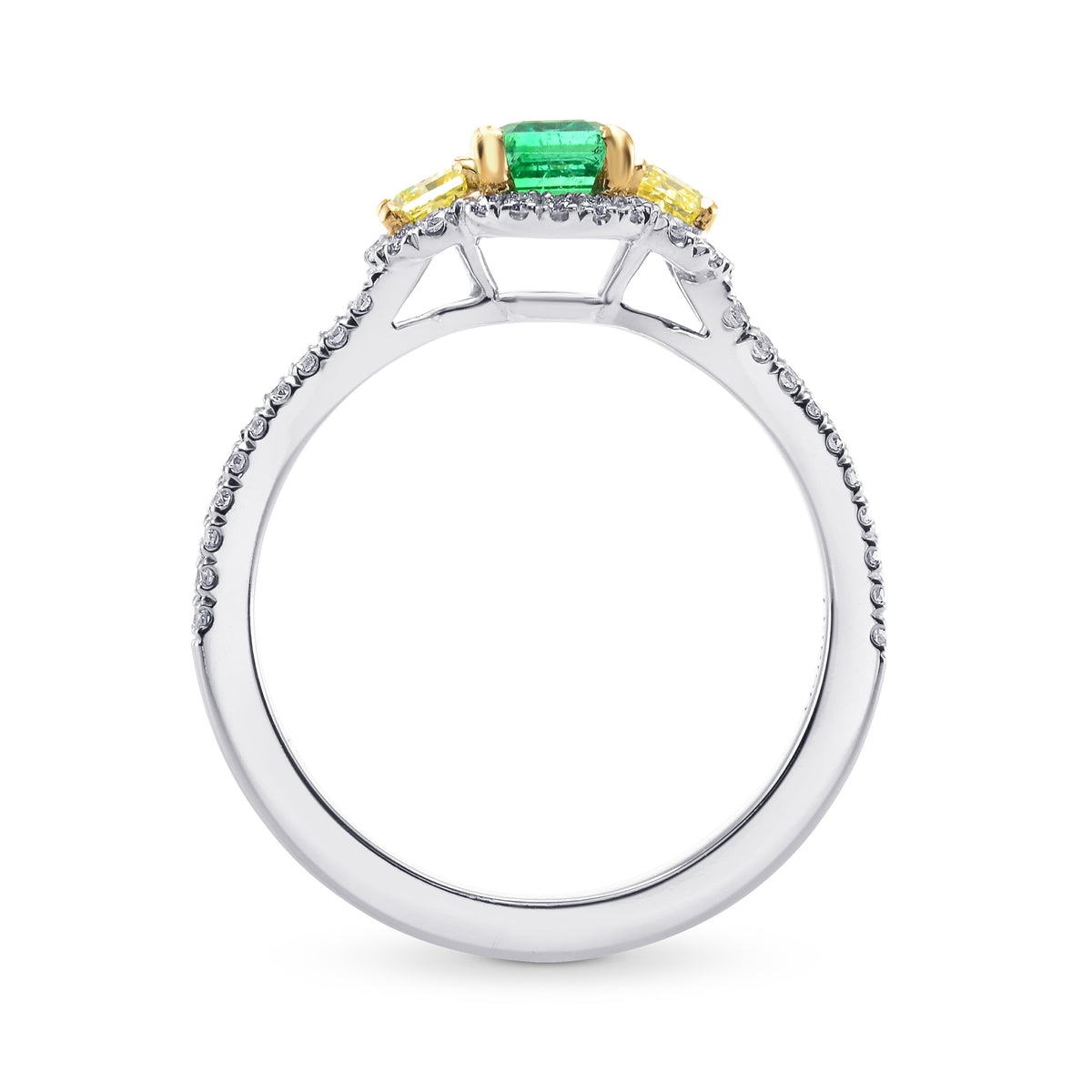 Green Emerald and Fancy Yellow Diamond 3 Stone Ring