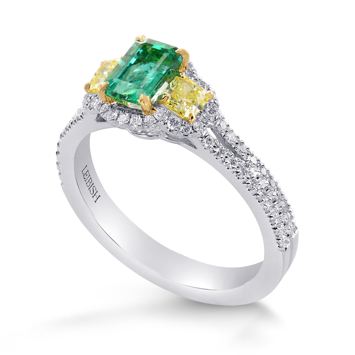 Green Emerald and Fancy Yellow Diamond 3 Stone Ring