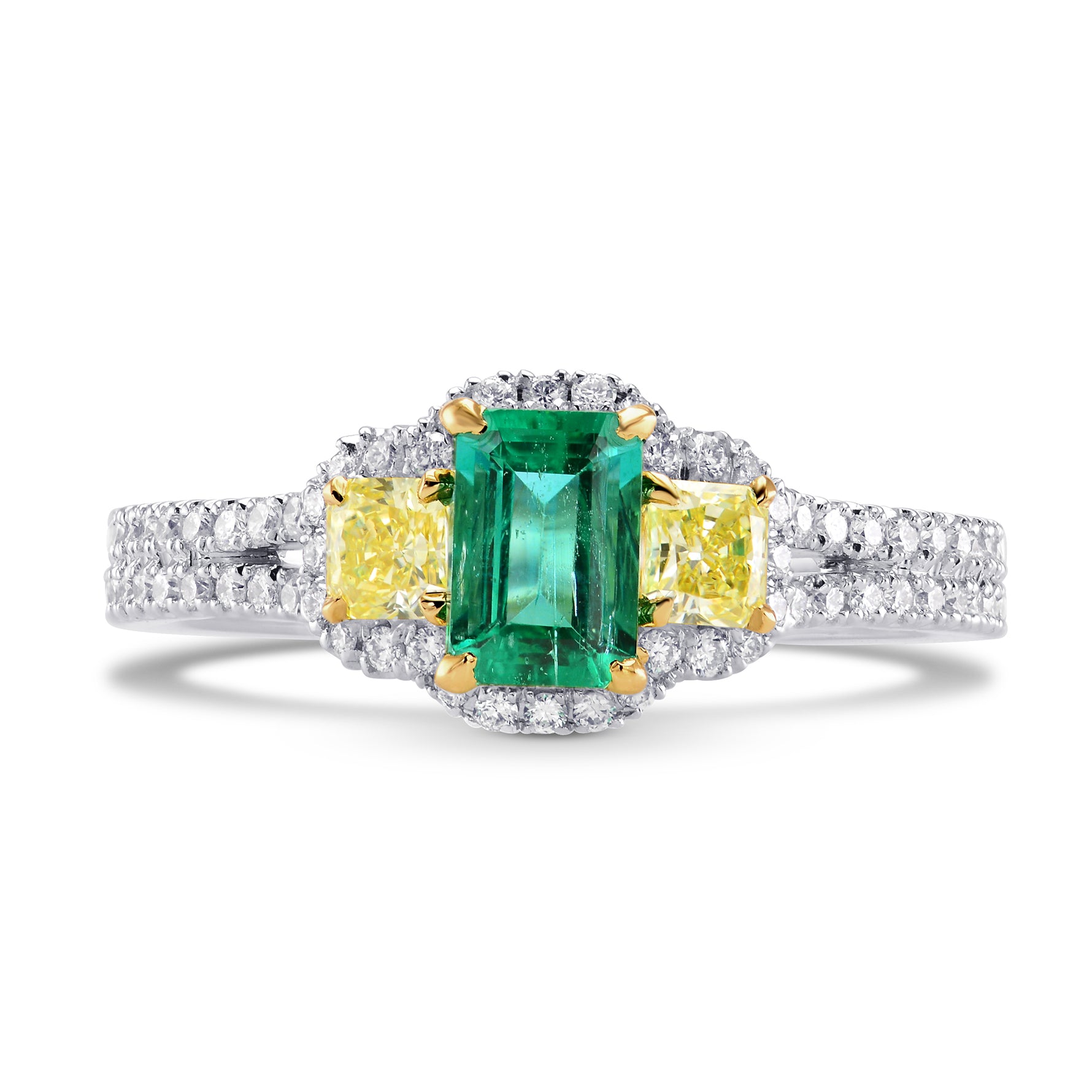 Green Emerald and Fancy Yellow Diamond 3 Stone Ring
