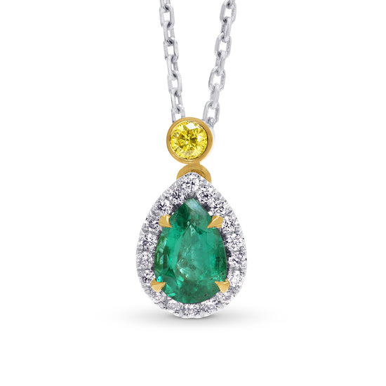 Pear Emerald and Diamond Drop Halo Pendant