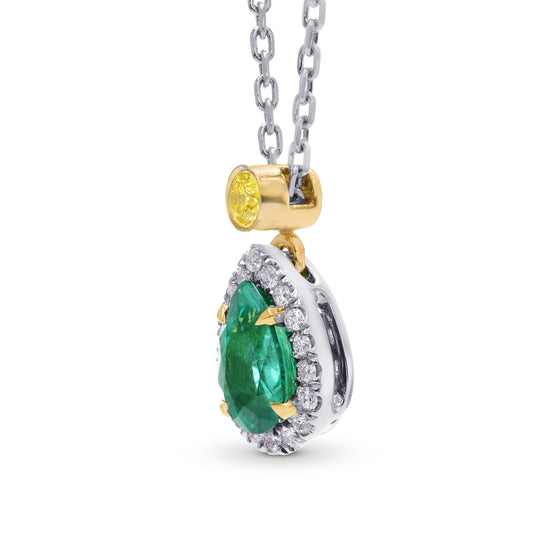 Pear Emerald and Diamond Drop Halo Pendant