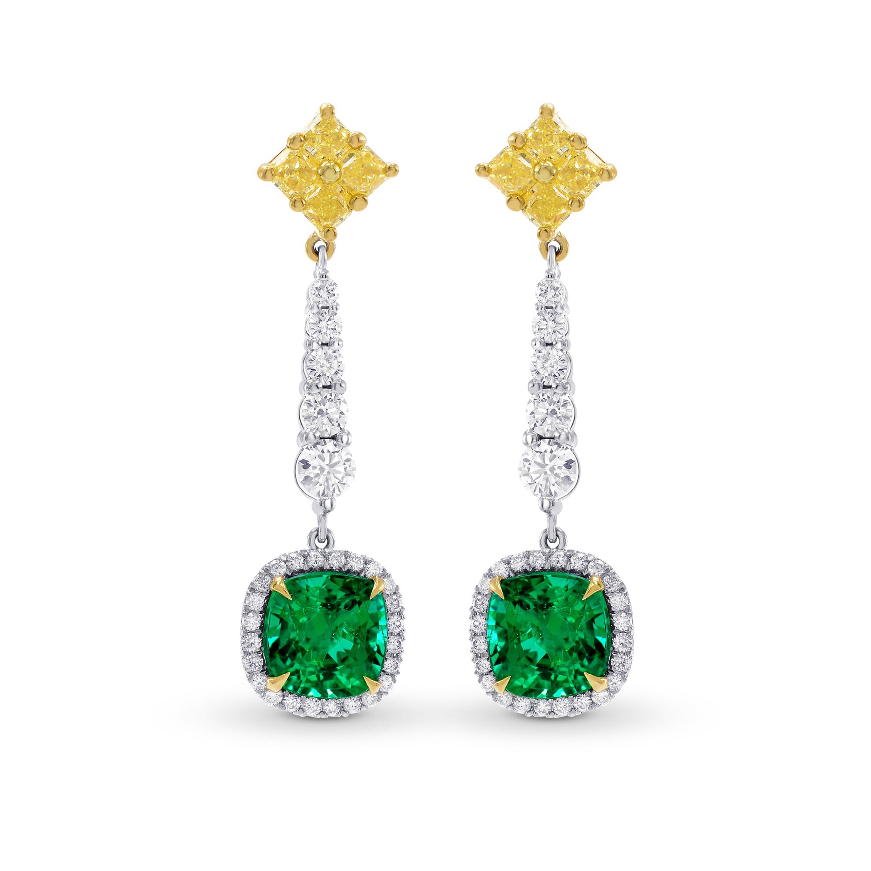 Emerald Gemstone & Yellow Diamond Drop Earrings