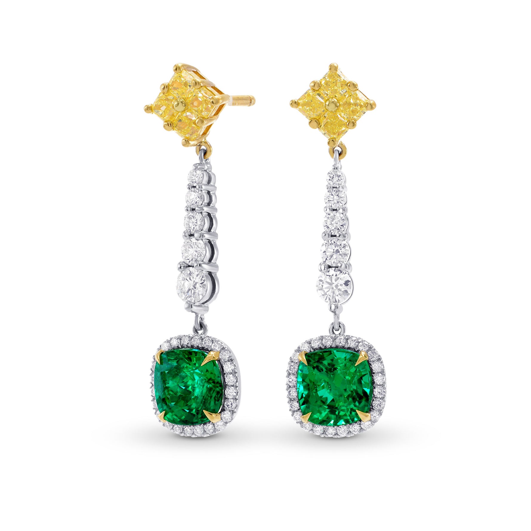 Emerald Gemstone & Yellow Diamond Drop Earrings