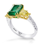 Green Emerald and Yellow Diamond Side Stones Ring