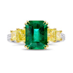 Green Emerald and Yellow Diamond Side Stones Ring