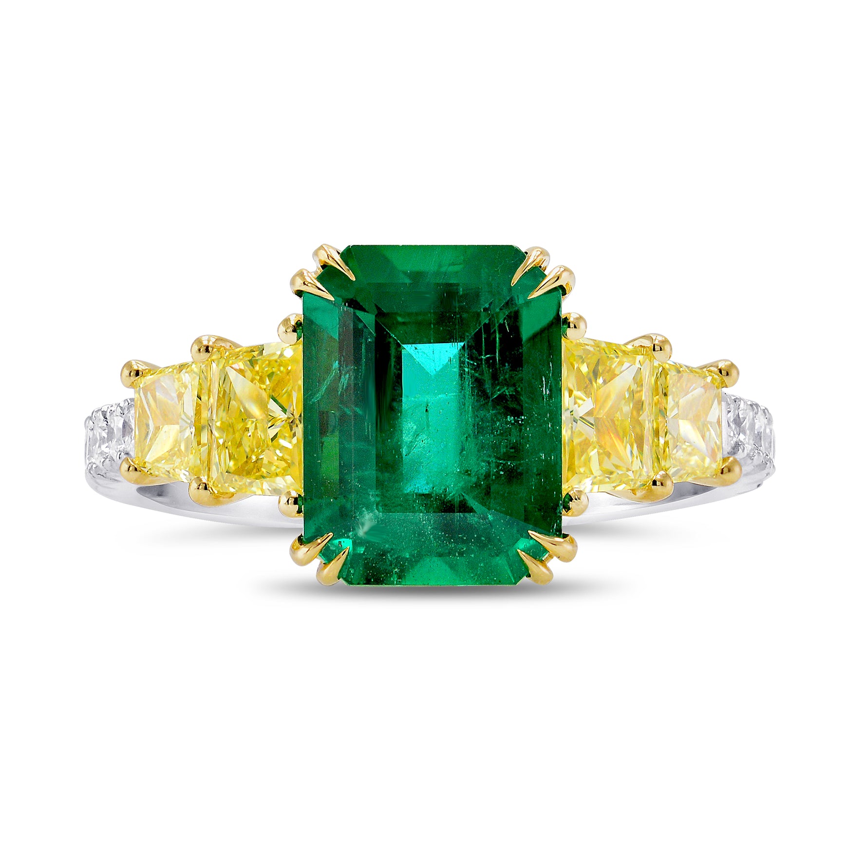 Green Emerald and Yellow Diamond Side Stones Ring