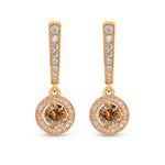 Fancy Dark Orangy Brown Round Diamond Halo Drop Earrings