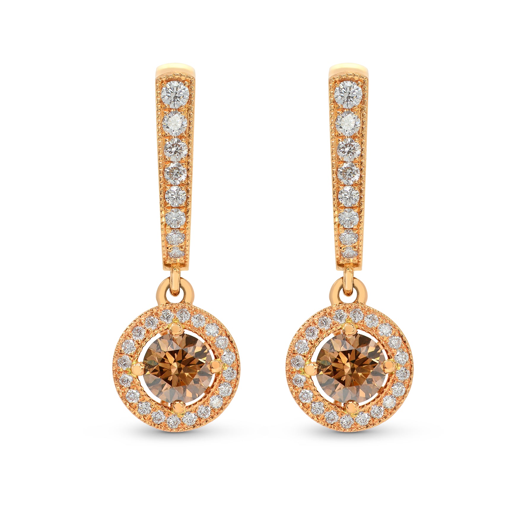 Fancy Dark Orangy Brown Round Diamond Halo Drop Earrings