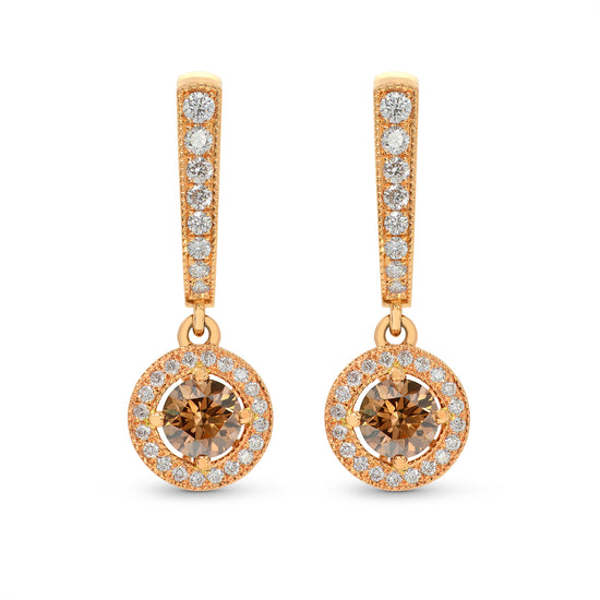 Fancy Dark Orangy Brown Round Diamond Halo Drop Earrings