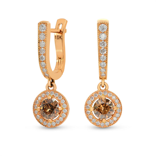 Fancy Dark Orangy Brown Round Diamond Halo Drop Earrings